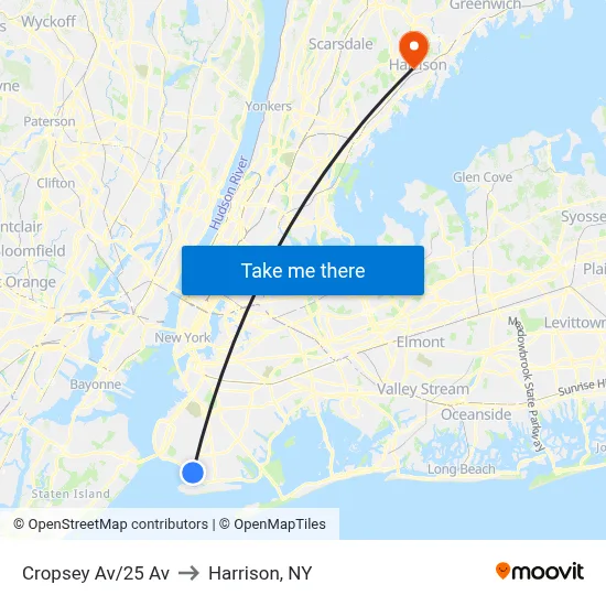 Cropsey Av/25 Av to Harrison, NY map