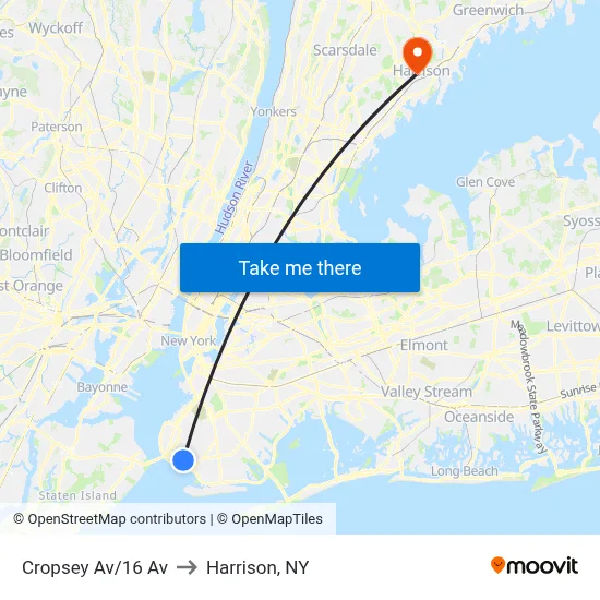 Cropsey Av/16 Av to Harrison, NY map