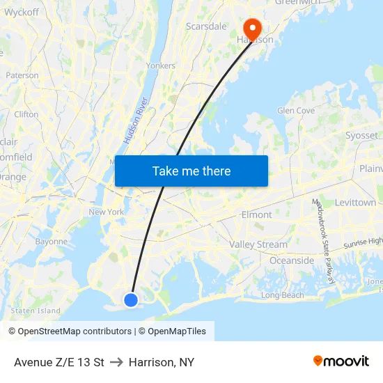 Avenue Z/E 13 St to Harrison, NY map