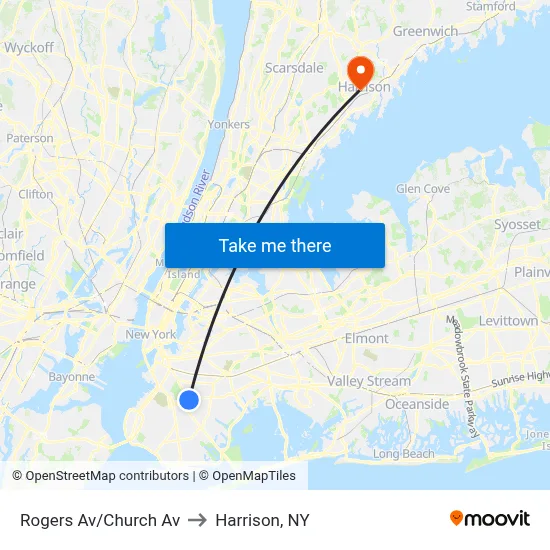 Rogers Av/Church Av to Harrison, NY map