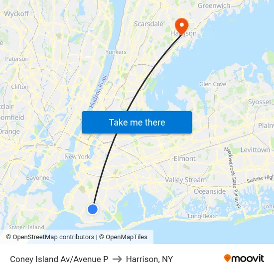 Coney Island Av/Avenue P to Harrison, NY map