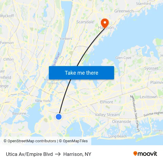 Utica Av/Empire Blvd to Harrison, NY map