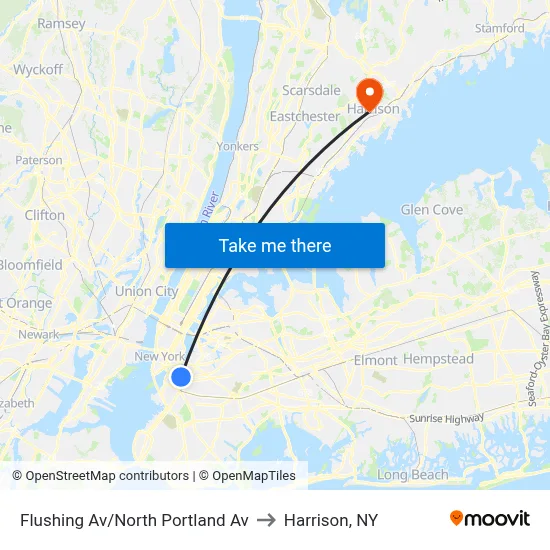 Flushing Av/North Portland Av to Harrison, NY map