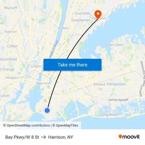 Bay Pkwy/W 8 St to Harrison, NY map