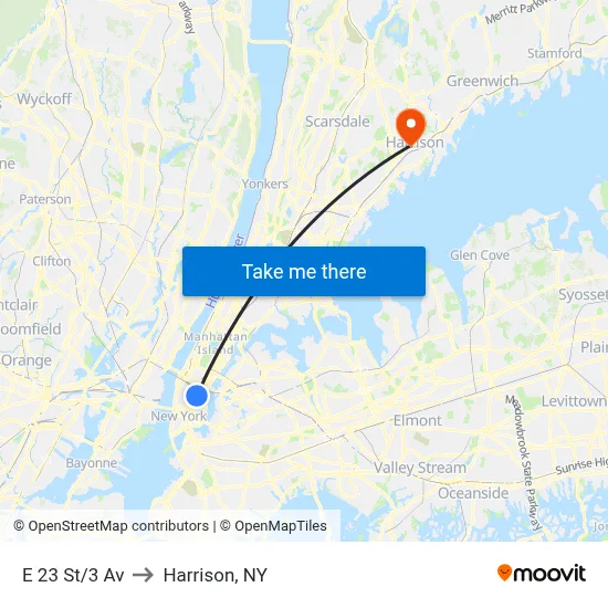 E 23 St/3 Av to Harrison, NY map