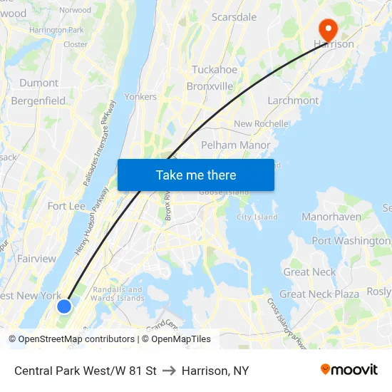 Central Park West/W 81 St to Harrison, NY map