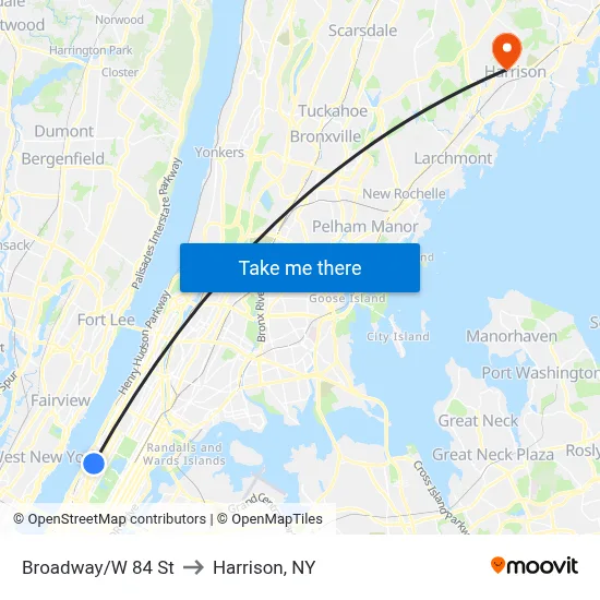 Broadway/W 84 St to Harrison, NY map