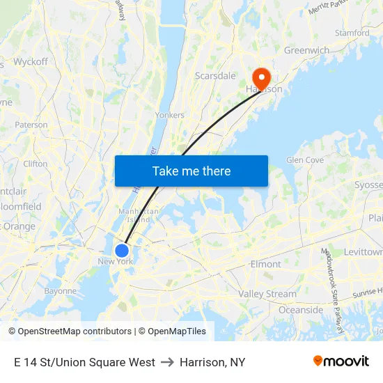 E 14 St/Union Square West to Harrison, NY map