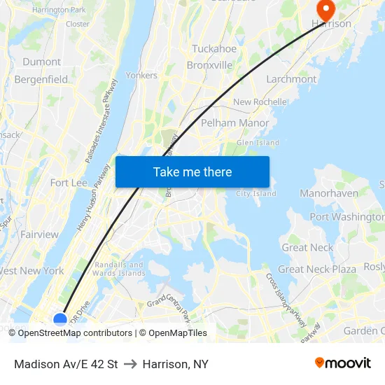 Madison Av/E 42 St to Harrison, NY map