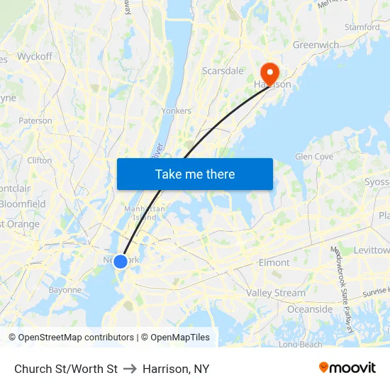 Church St/Worth St to Harrison, NY map