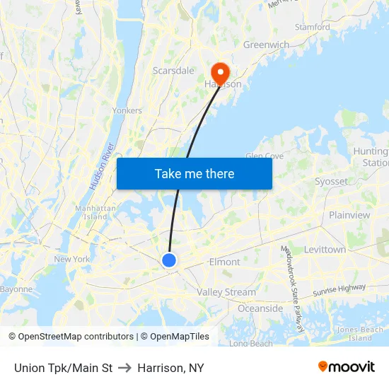 Union Tpk/Main St to Harrison, NY map