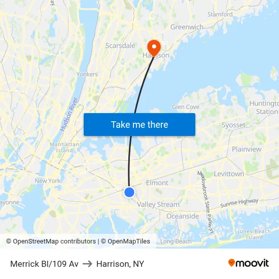 Merrick Bl/109 Av to Harrison, NY map
