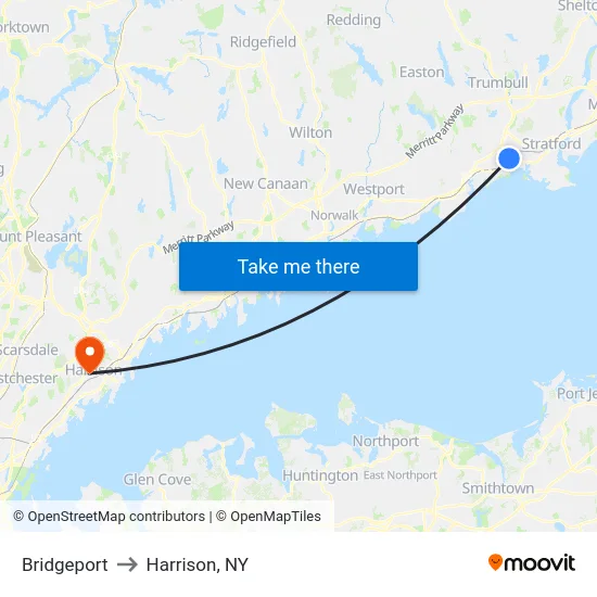 Bridgeport to Harrison, NY map