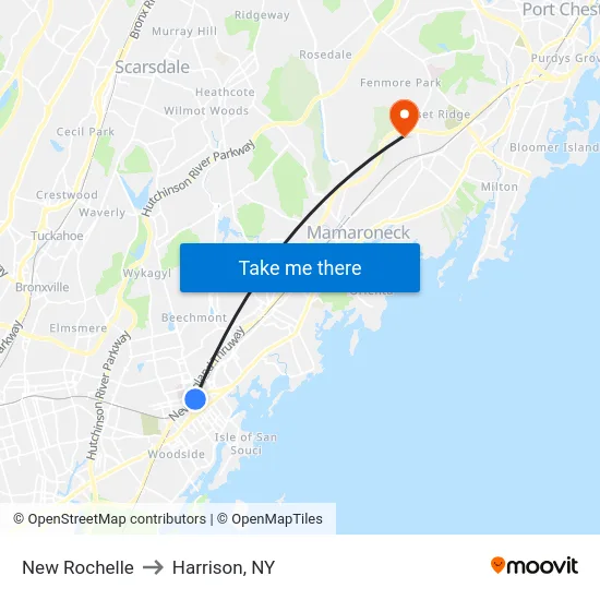 New Rochelle to Harrison, NY map
