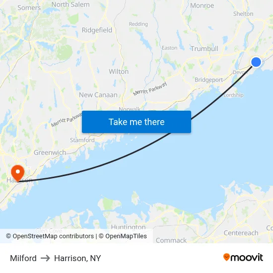 Milford to Harrison, NY map