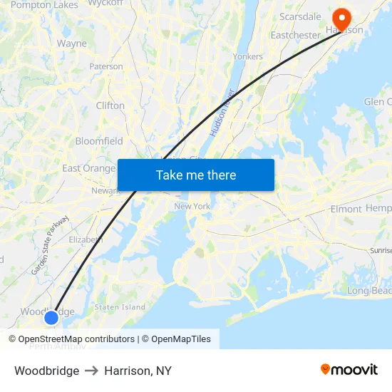 Woodbridge to Harrison, NY map