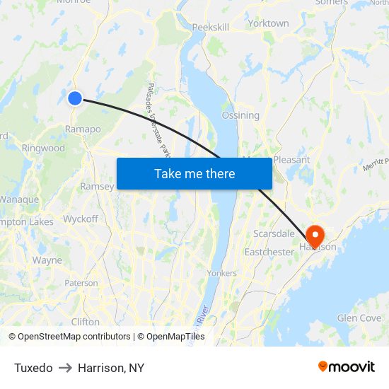 Tuxedo to Harrison, NY map