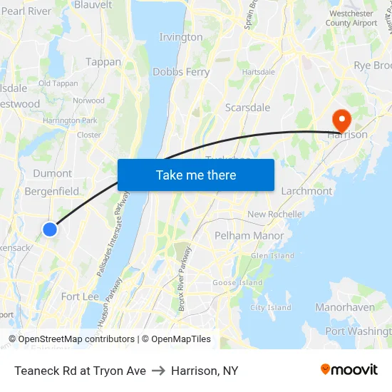 Teaneck Rd at Tryon Ave to Harrison, NY map