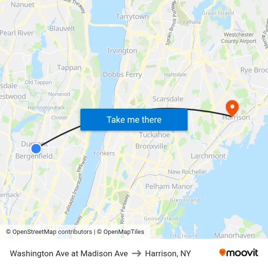 Washington Ave at Madison Ave to Harrison, NY map