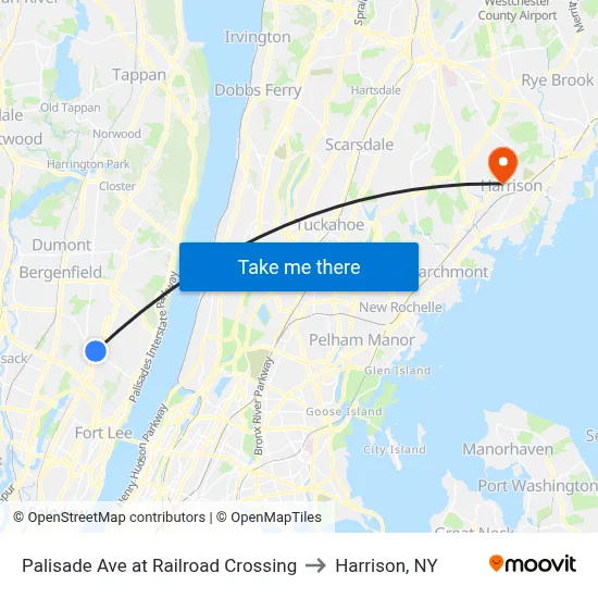 Palisade Ave at Railroad Crossing to Harrison, NY map