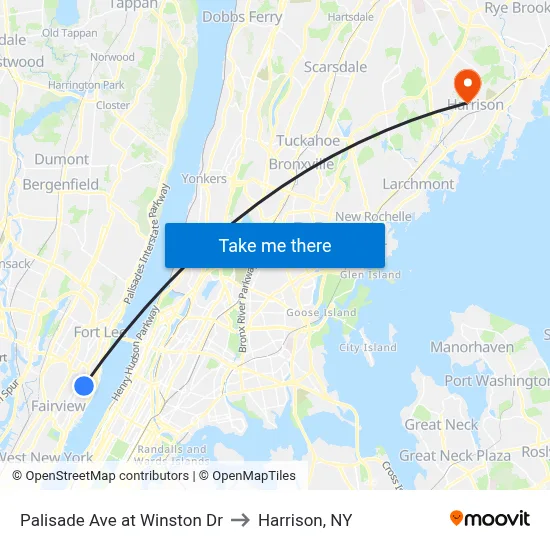 Palisade Ave at Winston Dr to Harrison, NY map
