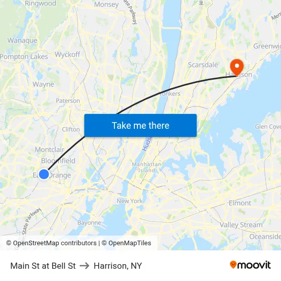 Main St at Bell St to Harrison, NY map
