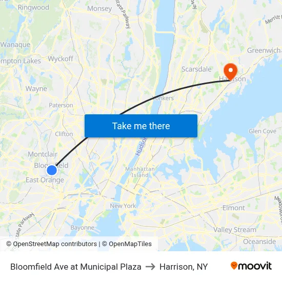 Bloomfield Ave at Municipal Plaza to Harrison, NY map
