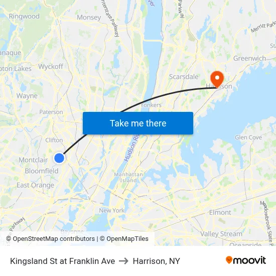 Kingsland St at Franklin Ave to Harrison, NY map