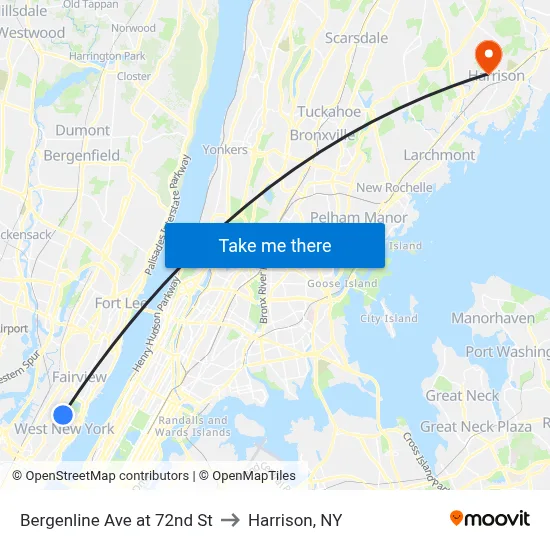 Bergenline Ave at 72nd St to Harrison, NY map