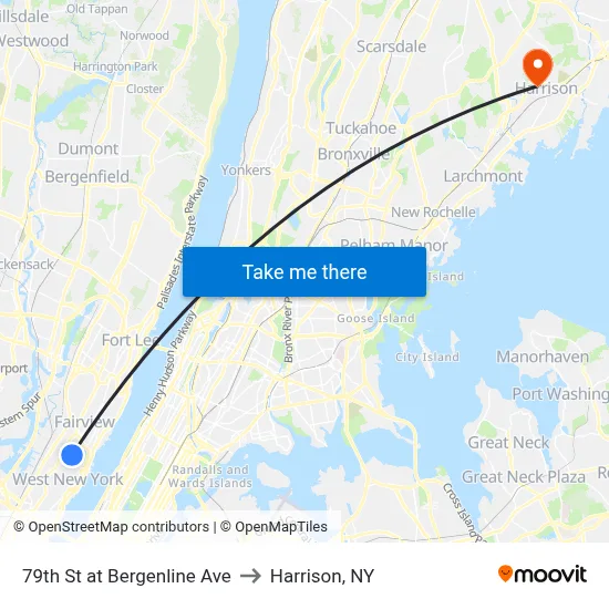 79th St at Bergenline Ave to Harrison, NY map