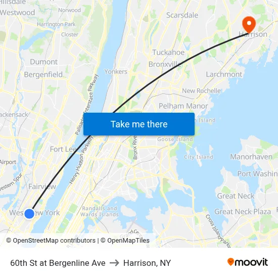 60th St at Bergenline Ave to Harrison, NY map