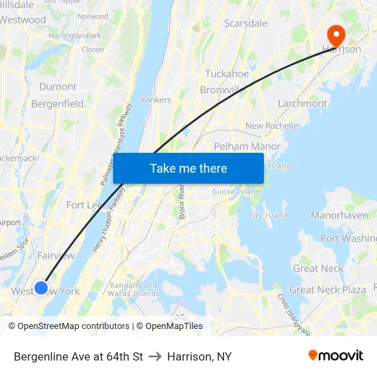 Bergenline Ave at 64th St to Harrison, NY map