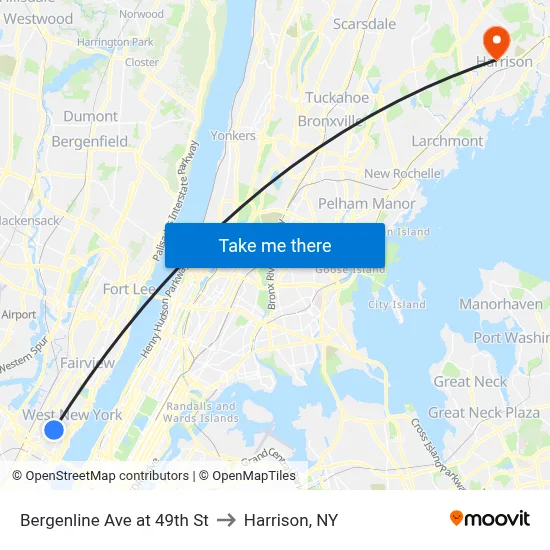 Bergenline Ave at 49th St to Harrison, NY map