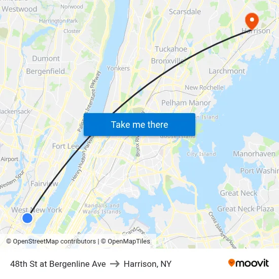 48th St at Bergenline Ave to Harrison, NY map