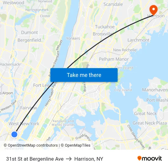 31st St at Bergenline Ave to Harrison, NY map