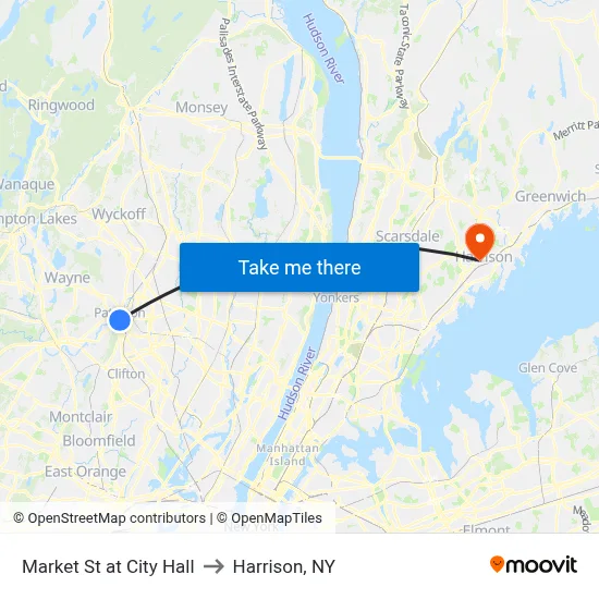 Market St at City Hall to Harrison, NY map