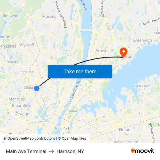 Main Ave Terminal to Harrison, NY map