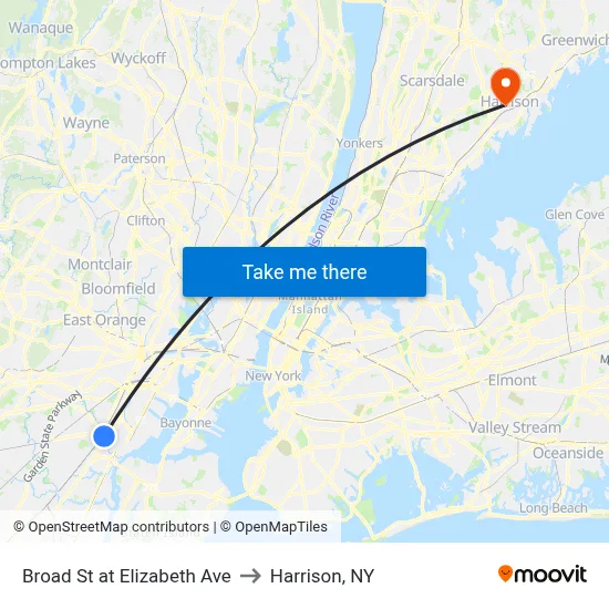 Broad St at Elizabeth Ave to Harrison, NY map