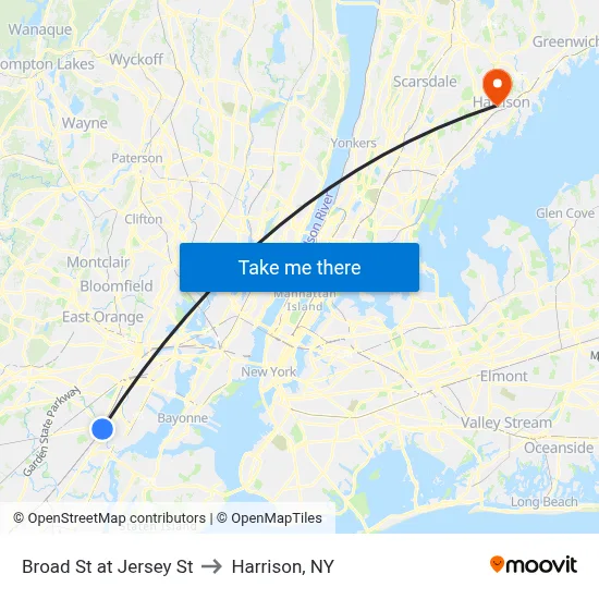 Broad St at Jersey St to Harrison, NY map