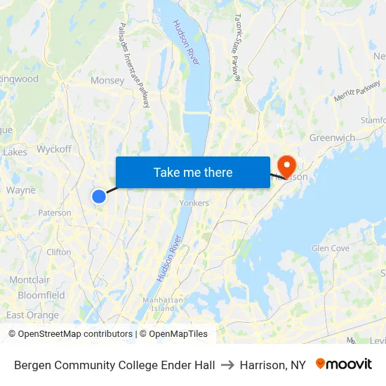Bergen Community College Ender Hall to Harrison, NY map