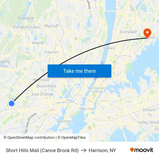 Short Hills Mall (Canoe Brook Rd) to Harrison, NY map