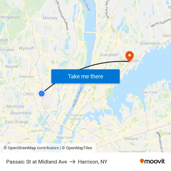 Passaic St at Midland Ave to Harrison, NY map