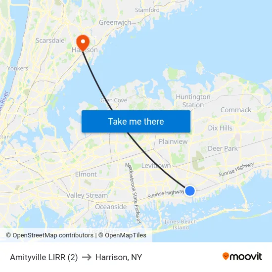 Amityville LIRR (2) to Harrison, NY map
