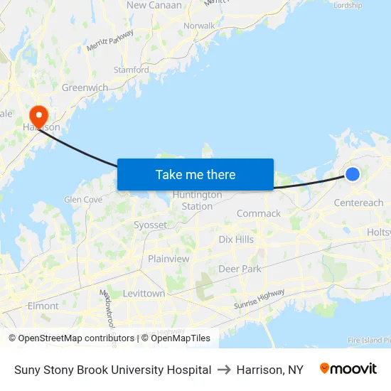 Suny Stony Brook University Hospital to Harrison, NY map