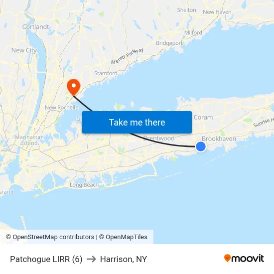 Patchogue LIRR (6) to Harrison, NY map
