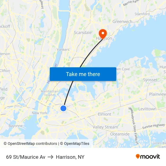 69 St/Maurice Av to Harrison, NY map