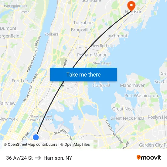 36 Av/24 St to Harrison, NY map