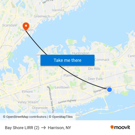 Bay Shore LIRR (2) to Harrison, NY map