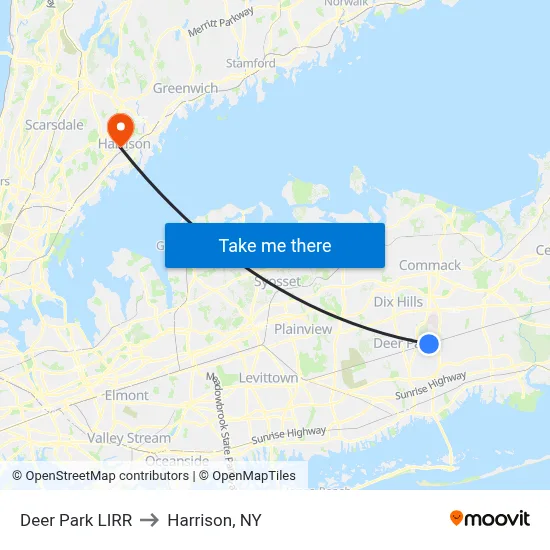 Deer Park LIRR to Harrison, NY map