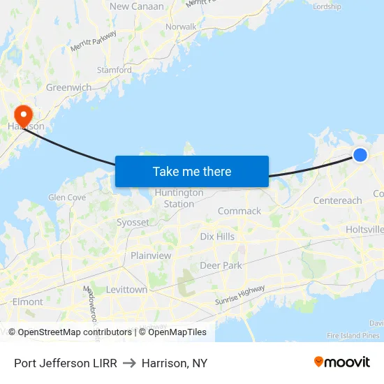 Port Jefferson LIRR to Harrison, NY map